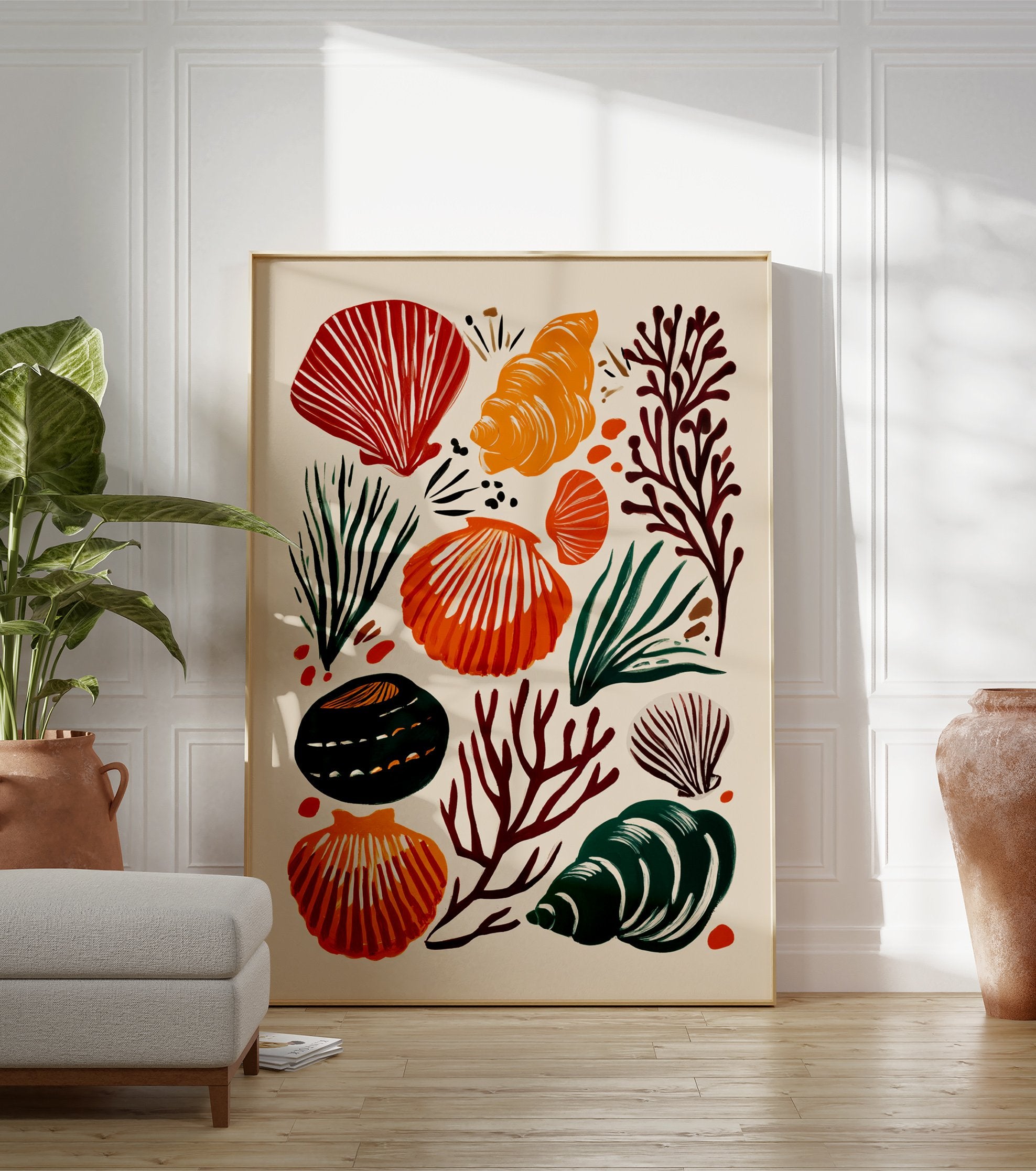 Modern seashell poster with red, orange, and dark green marine elements like shells, coral, and seaweed on a light background. - Image 3