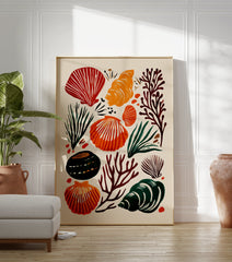 Modern seashell poster with red, orange, and dark green marine elements like shells, coral, and seaweed on a light background. - Image 3