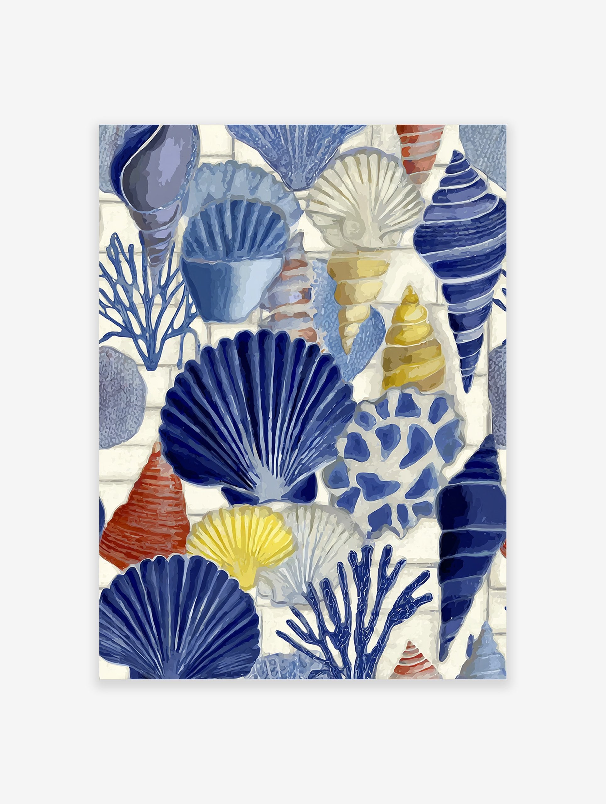Blue, white, and yellow seashell wall art illustration with various marine life like shells and coral on a tiled background.