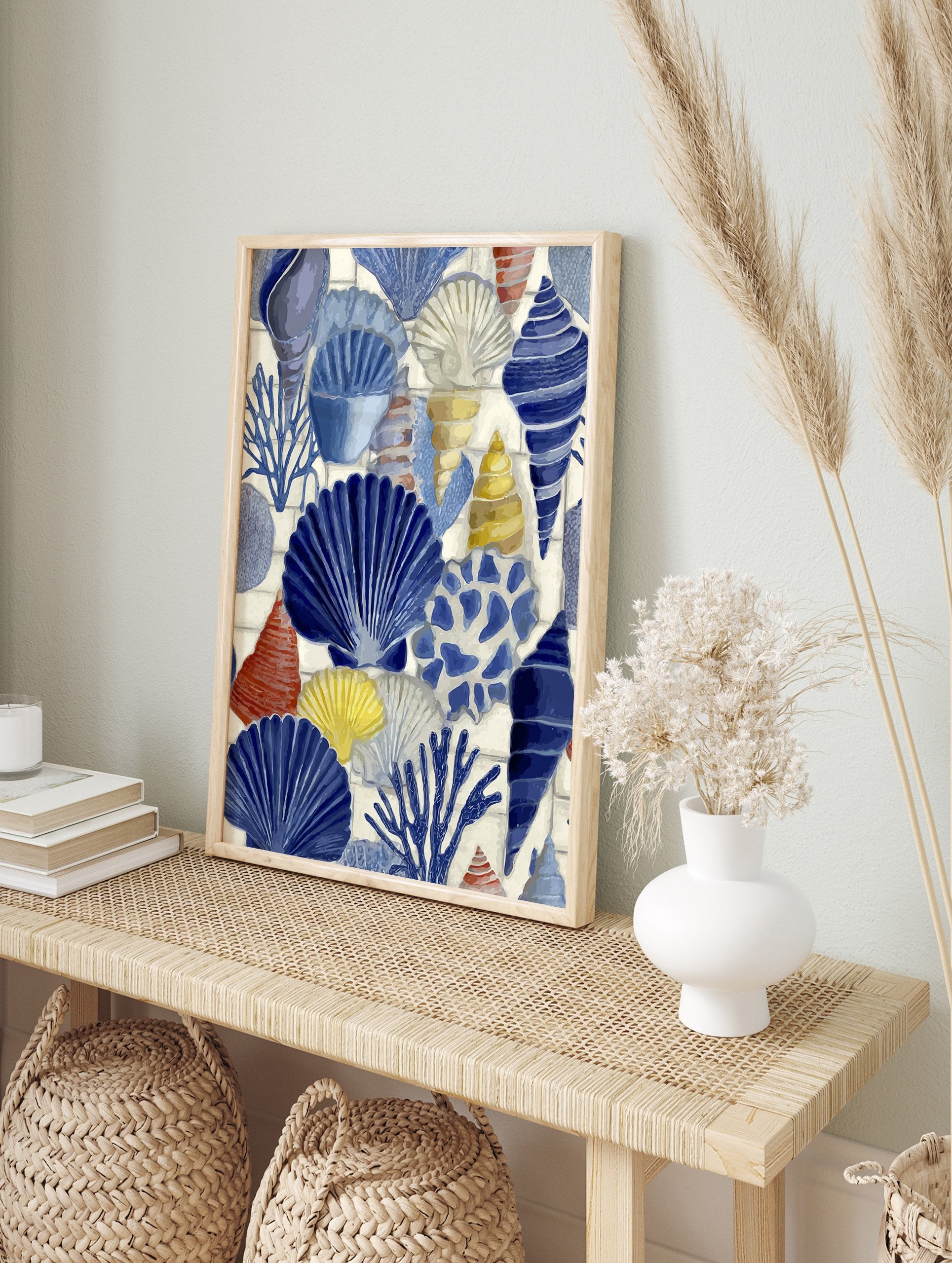Blue, white, and yellow seashell wall art illustration with various marine life like shells and coral on a tiled background. - Image 3