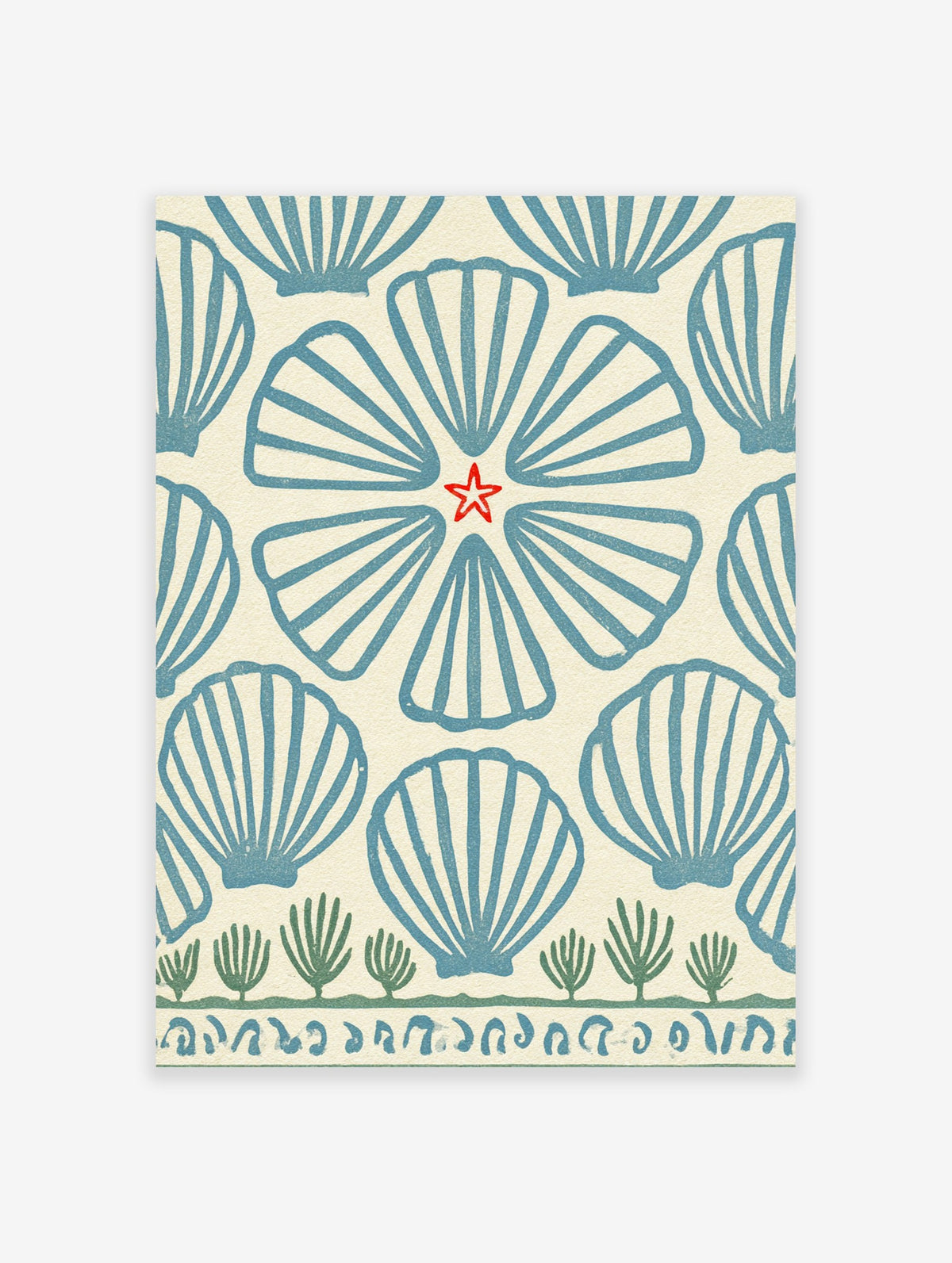 Blue seashell pattern wall art with a red starfish and green seaweed detail on a cream background
