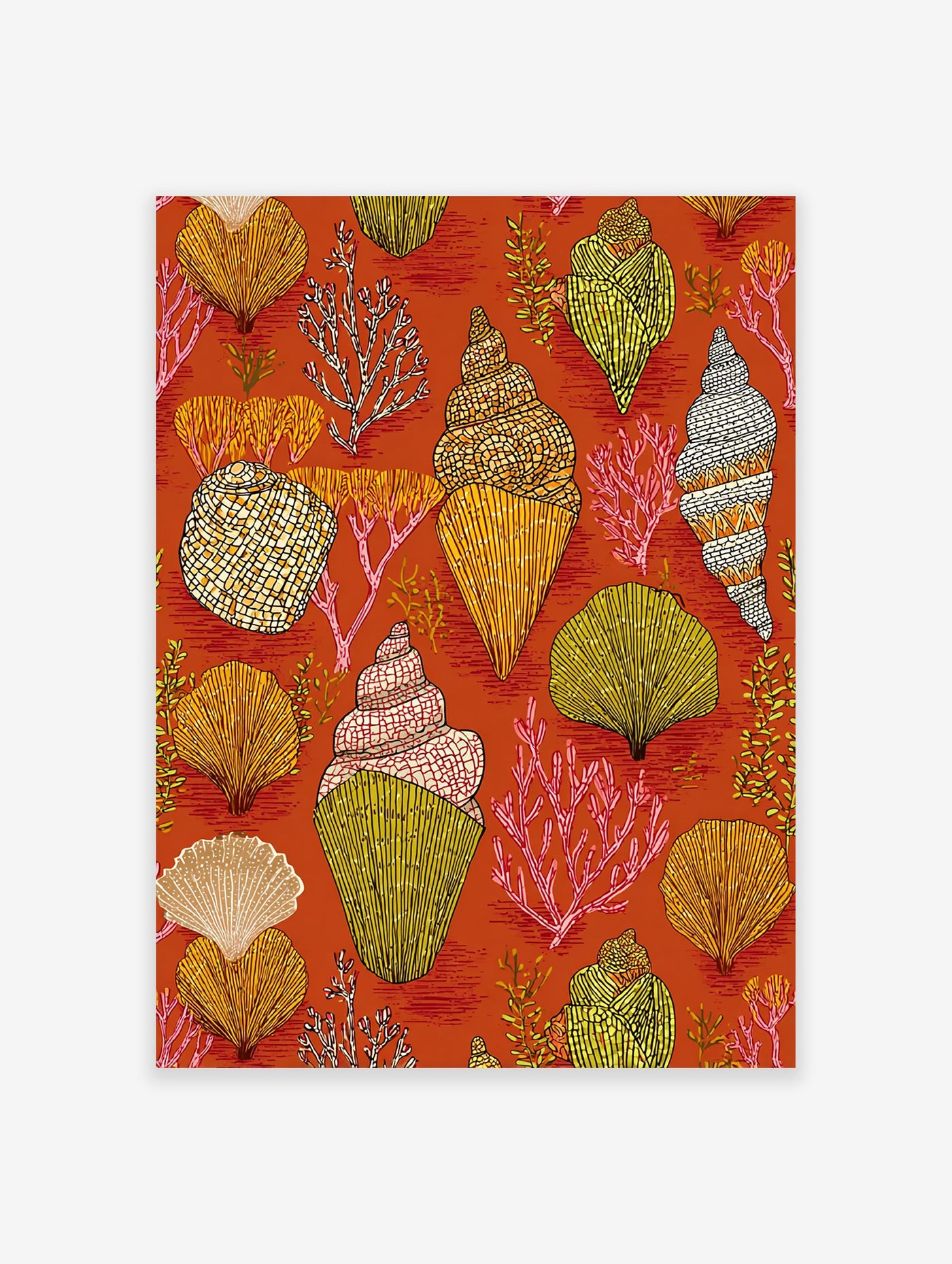 Vibrant seashell wall art print with coral and various shells on a burnt orange background.