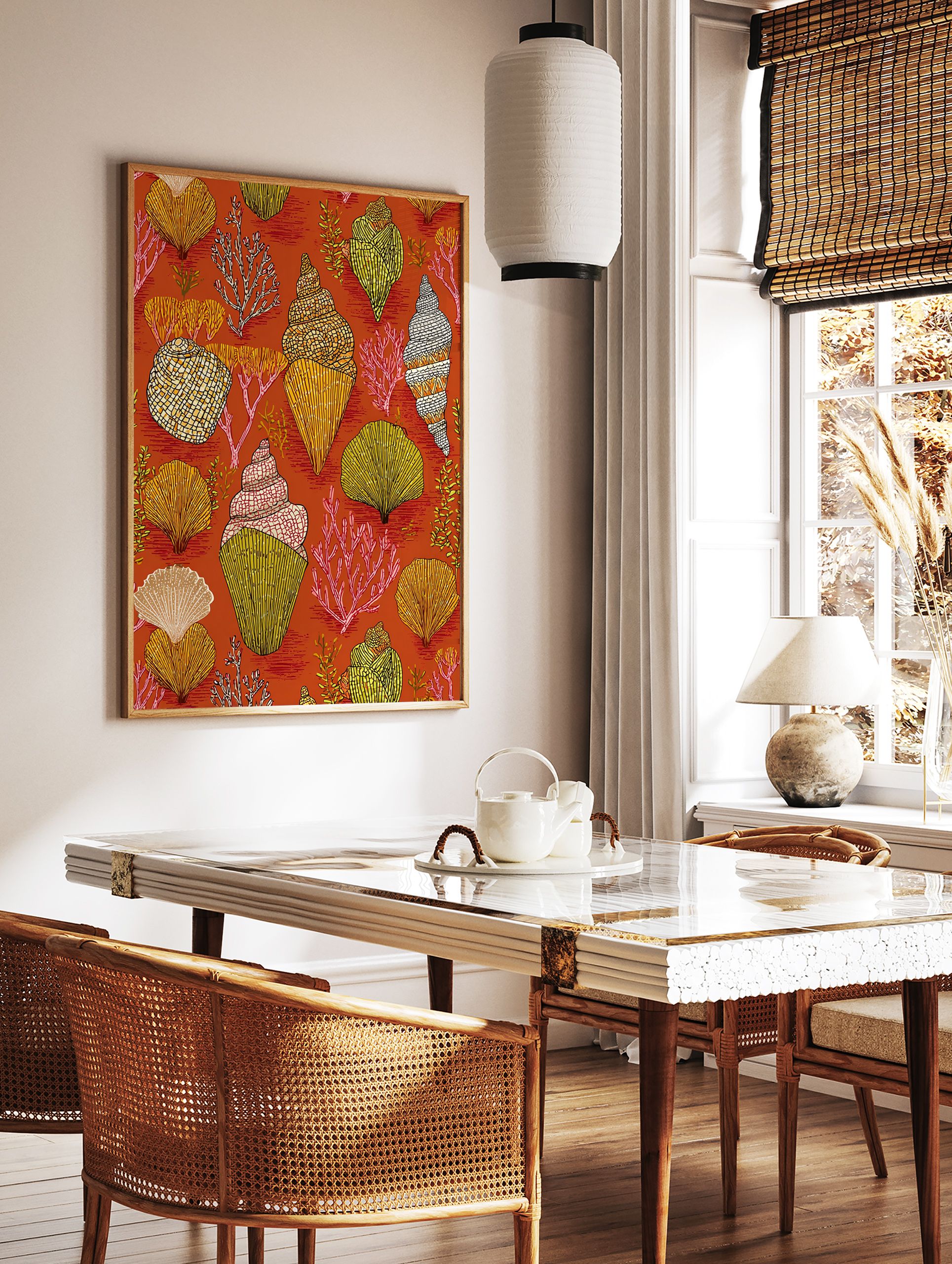 Vibrant seashell wall art print with coral and various shells on a burnt orange background. - Image 2
