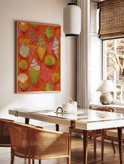 Vibrant seashell wall art print with coral and various shells on a burnt orange background. - Image 2