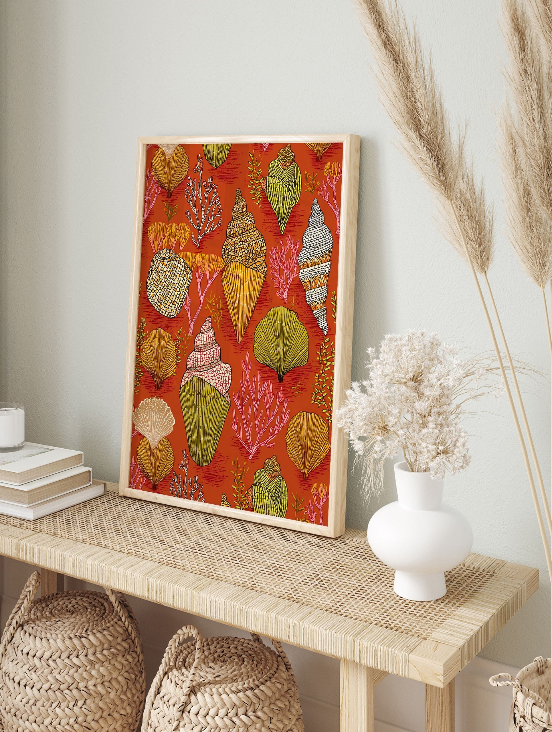 Vibrant seashell wall art print with coral and various shells on a burnt orange background. - Image 3
