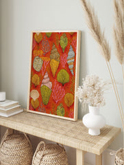 Vibrant seashell wall art print with coral and various shells on a burnt orange background. - Image 3