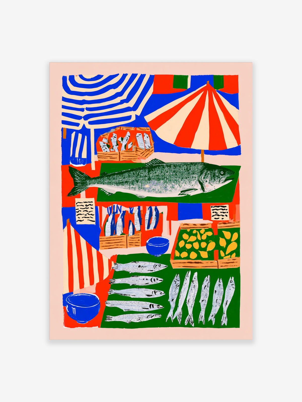 Colourful seaside fish market poster with striped umbrellas, crates of fish, and a large salmon