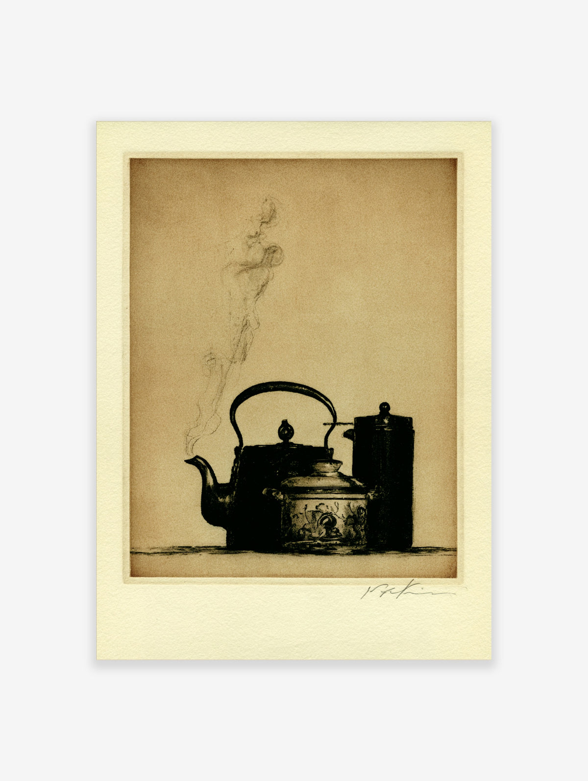 Sepia still life print of a steaming teapot, lidded sugar bowl and canister on a ledge