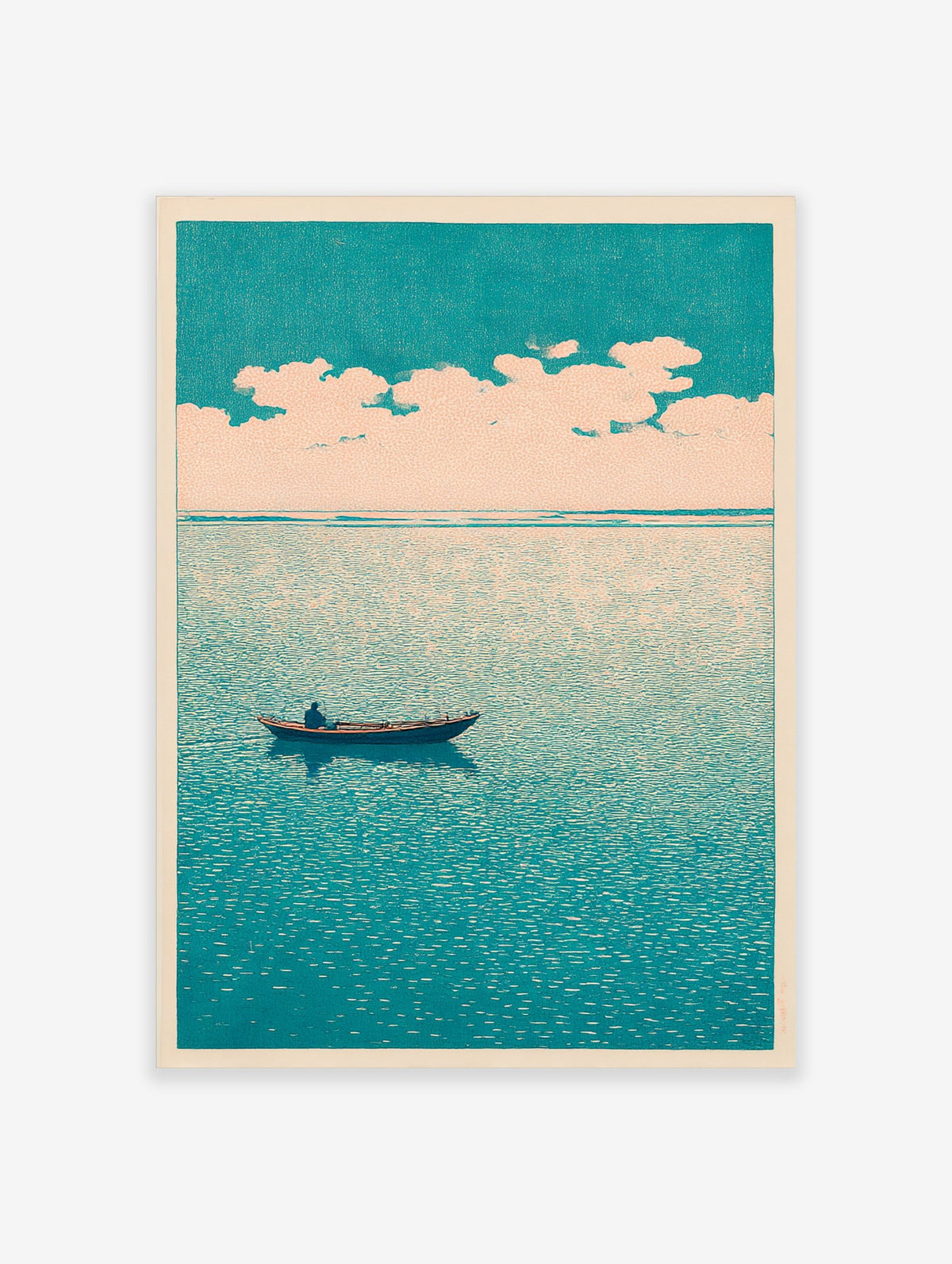 Japanese woodblock style art print of a person in a boat on teal water under a sky with clouds