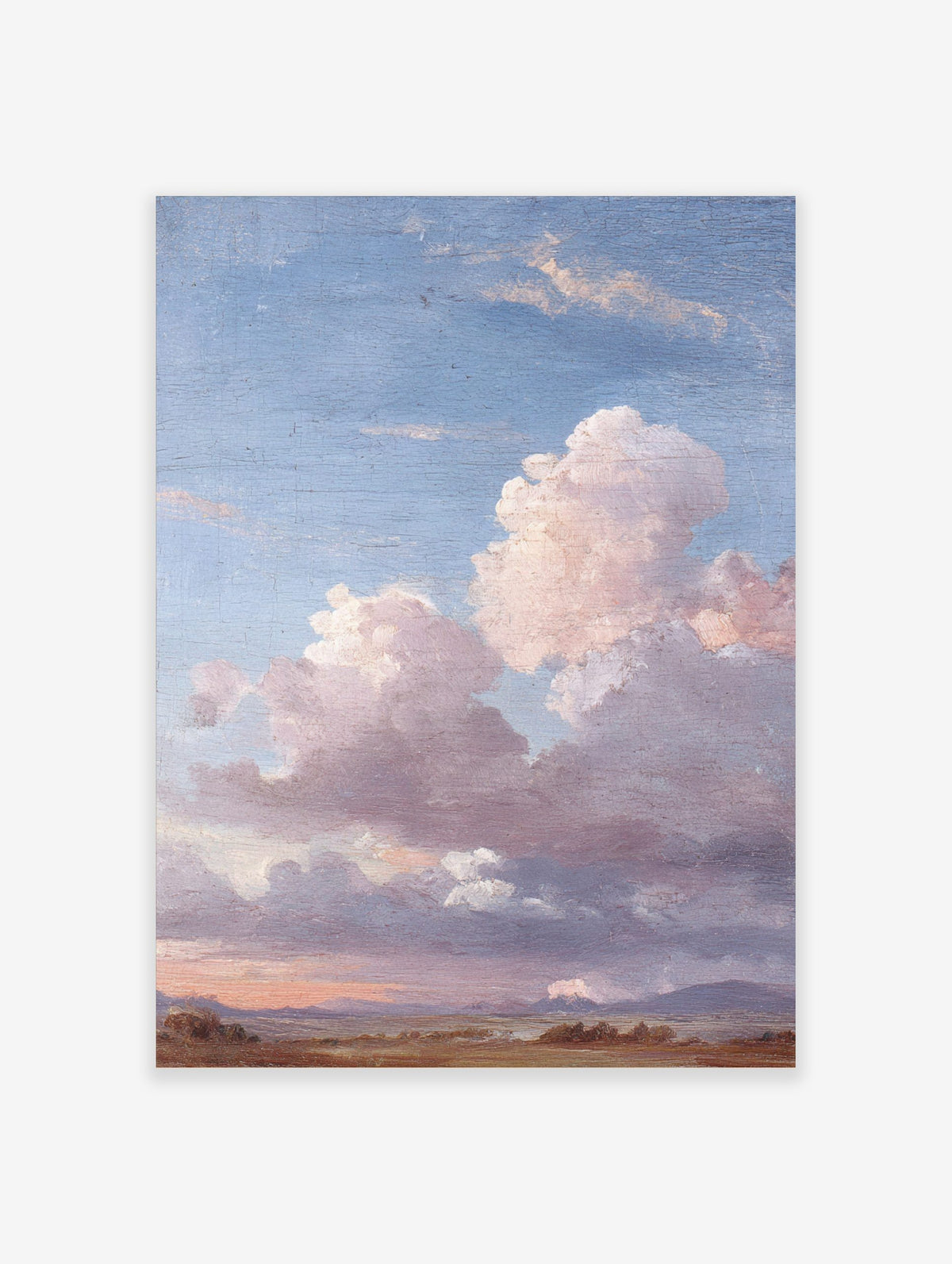 Painterly landscape wall art with vast blue sky, large pink and grey clouds, and earthy fields with distant hills