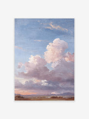 Painterly landscape wall art with vast blue sky, large pink and grey clouds, and earthy fields with distant hills