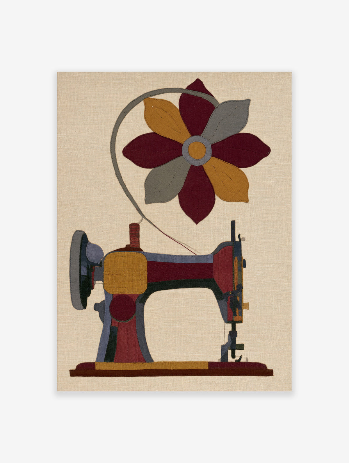 Sewing machine illustration with a flower shaped pattern on a cream background, textile art style wall print