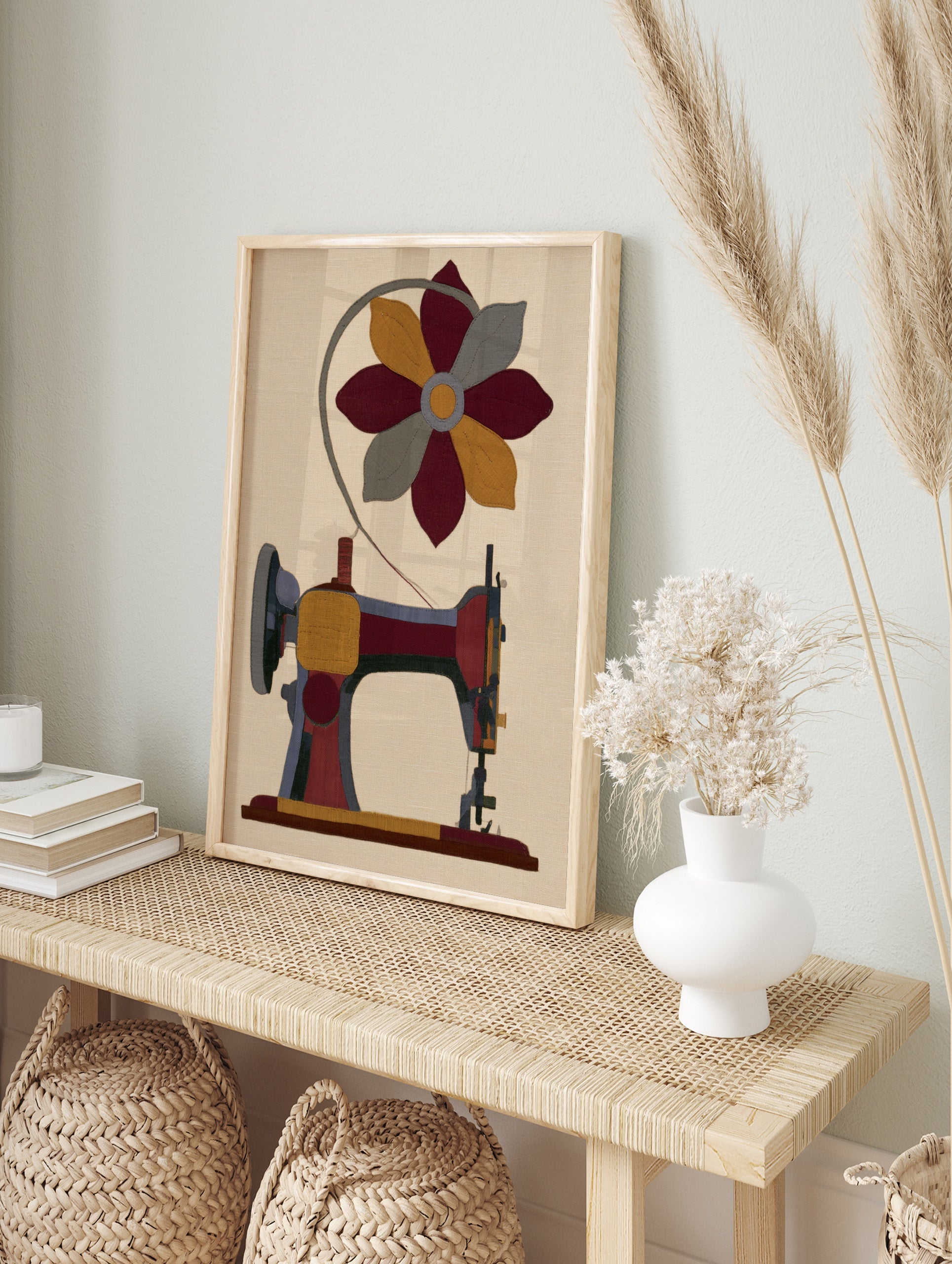 Sewing machine illustration with a flower shaped pattern on a cream background, textile art, in an alternate framed mockup