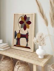 Sewing machine illustration with a flower shaped pattern on a cream background, textile art, in an alternate framed mockup