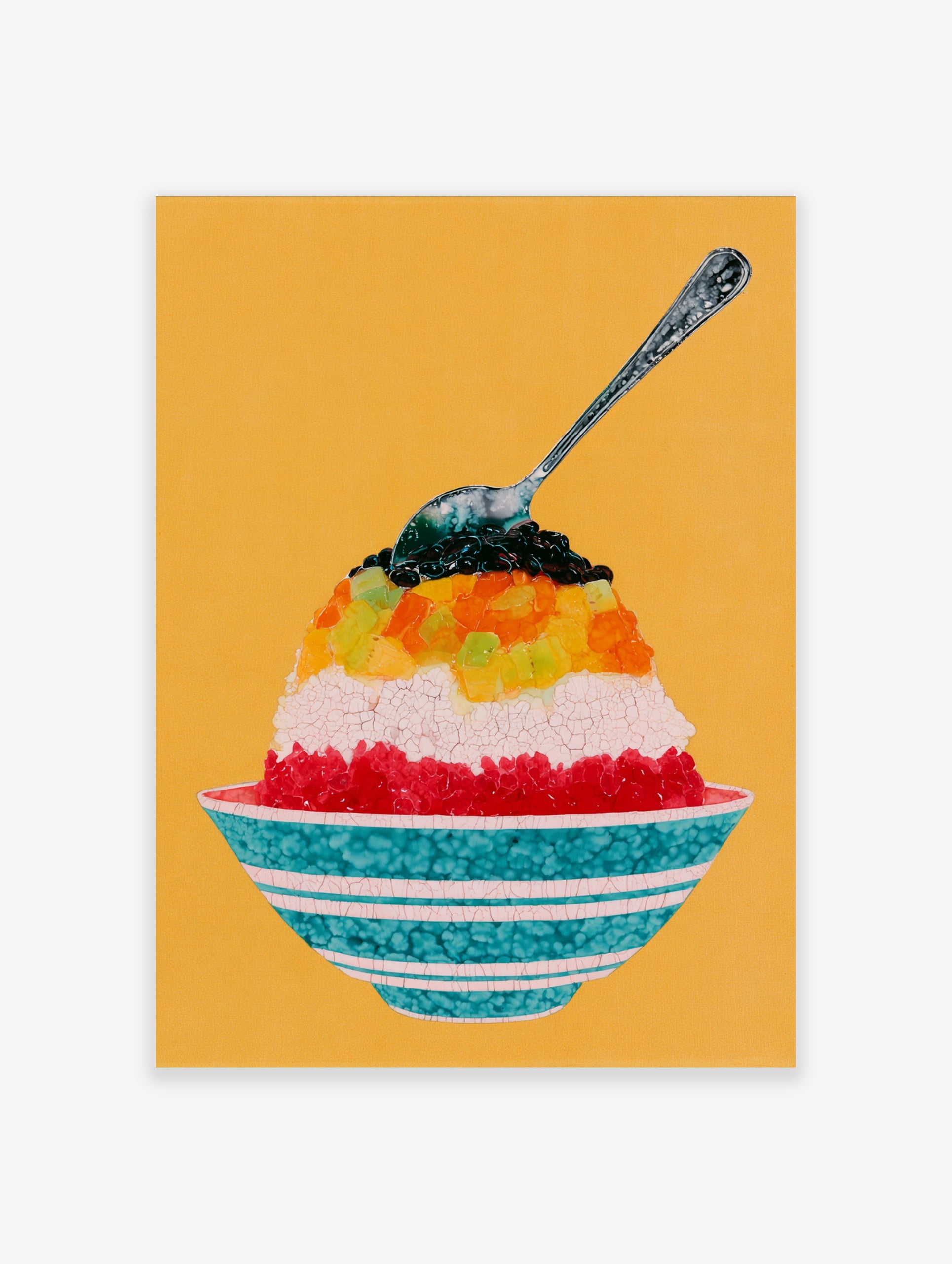 Illustrative wall art print of a layered shaved ice dessert in a striped bowl against a solid yellow background