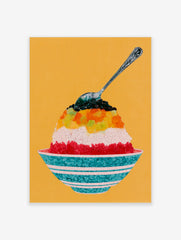 Illustrative wall art print of a layered shaved ice dessert in a striped bowl against a solid yellow background