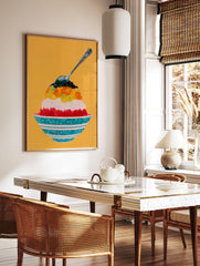 Illustrative wall art print of a layered shaved ice dessert in a striped bowl against a solid, in a styled room mockup