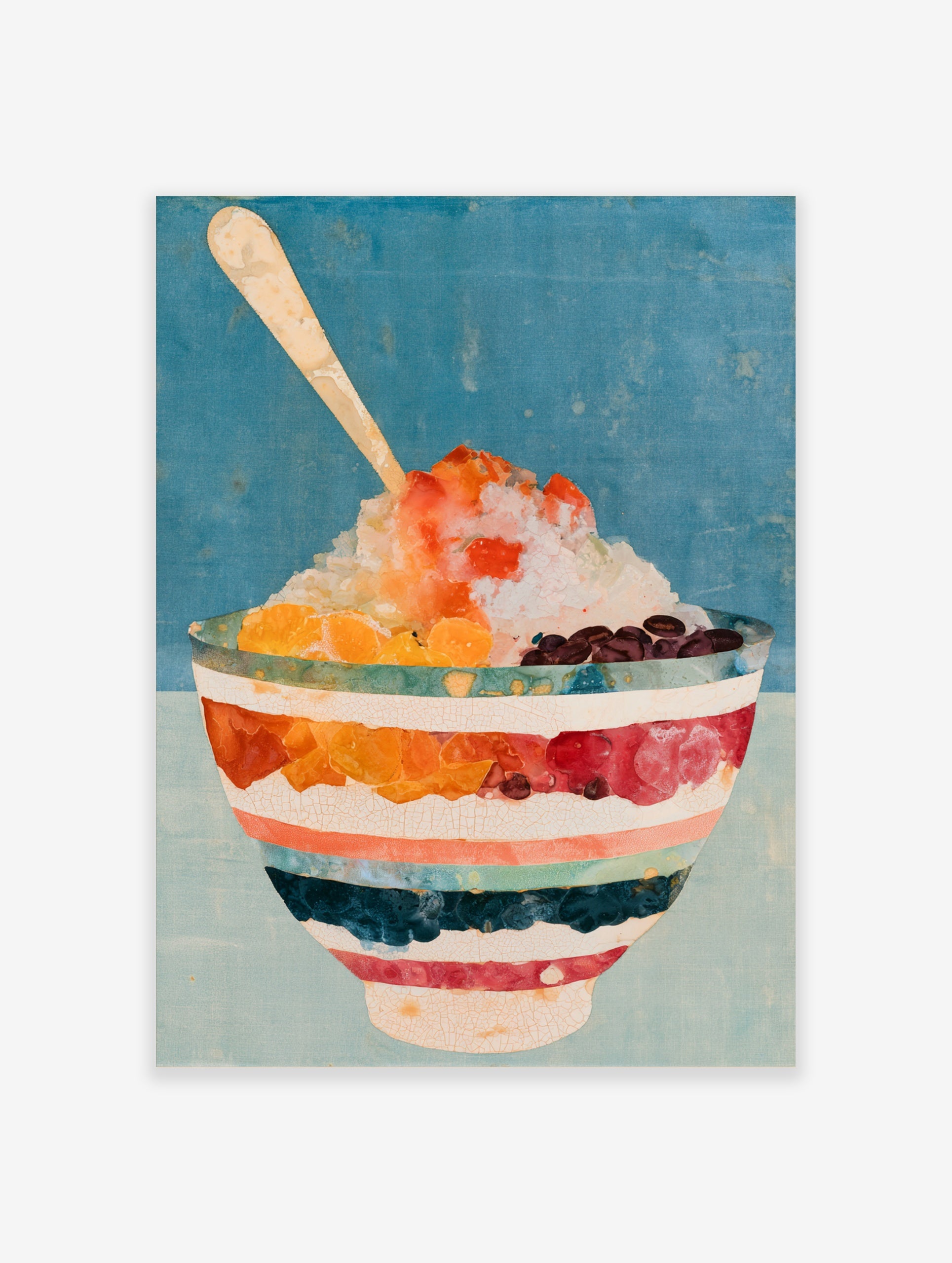 Shaved ice dessert illustration with mandarin oranges and red beans in a striped bowl on a blue background