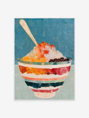 Shaved ice dessert illustration with mandarin oranges and red beans in a striped bowl on a blue background