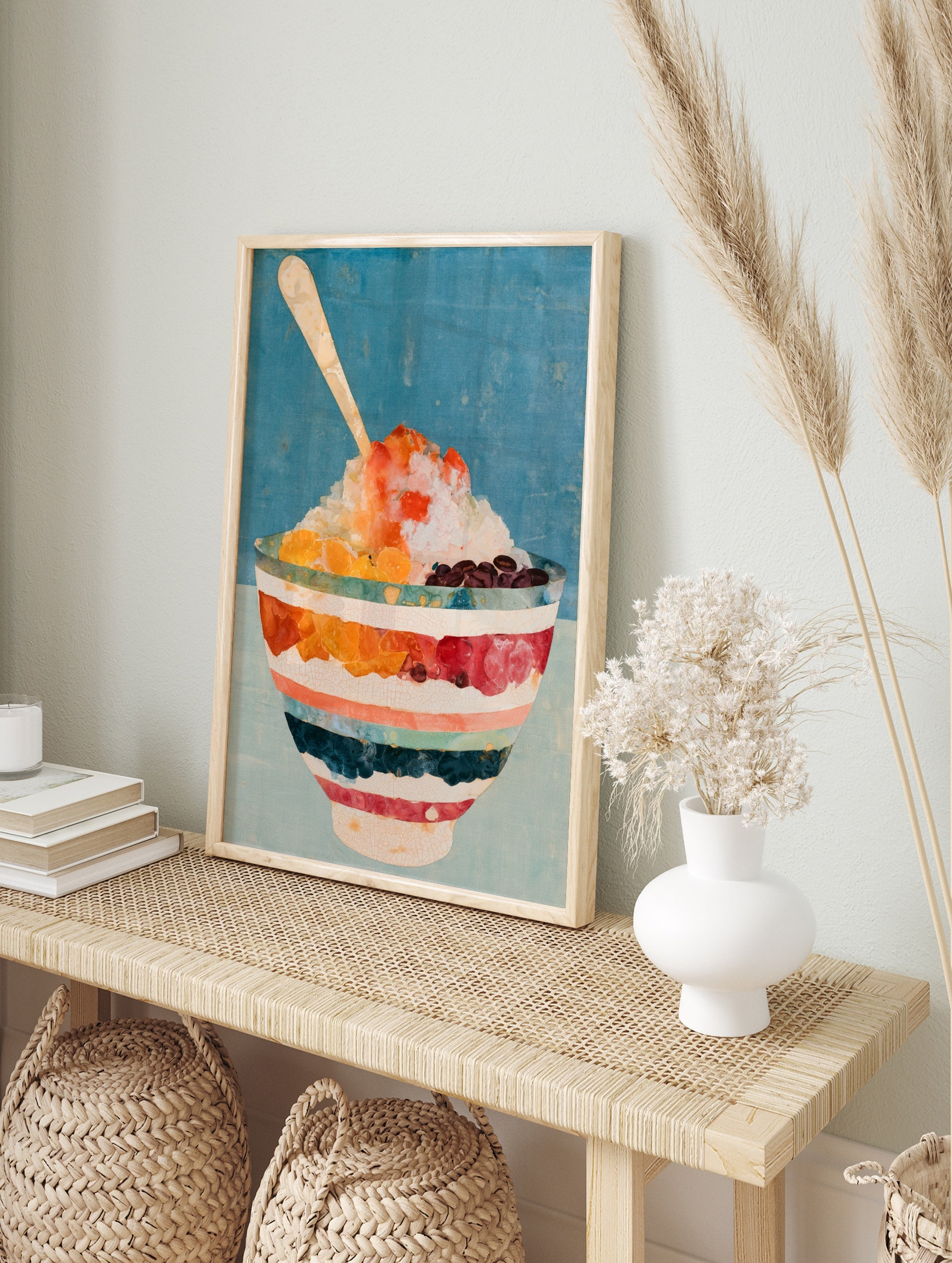 Shaved ice dessert illustration with mandarin oranges and red beans in a striped bowl on a, in an alternate framed mockup