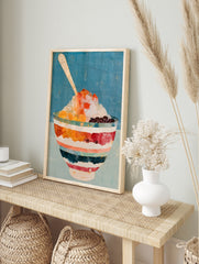 Shaved ice dessert illustration with mandarin oranges and red beans in a striped bowl on a, in an alternate framed mockup