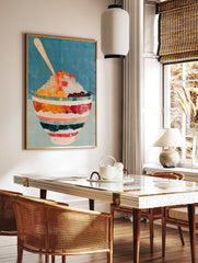 Shaved ice dessert illustration with mandarin oranges and red beans in a striped bowl on a blue, in a styled room mockup
