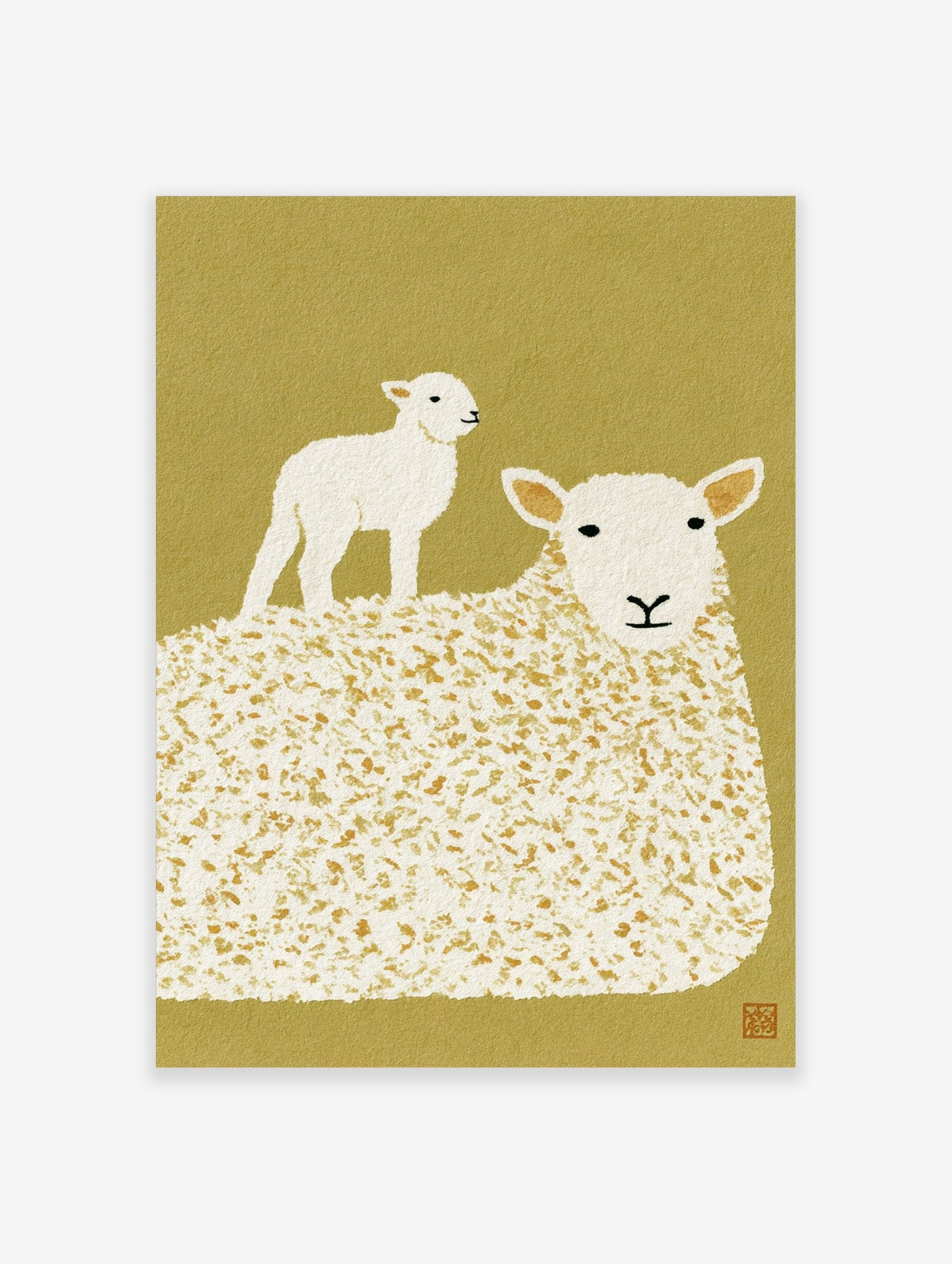 Minimalist sheep and lamb illustration with a textured mustard-yellow background art print