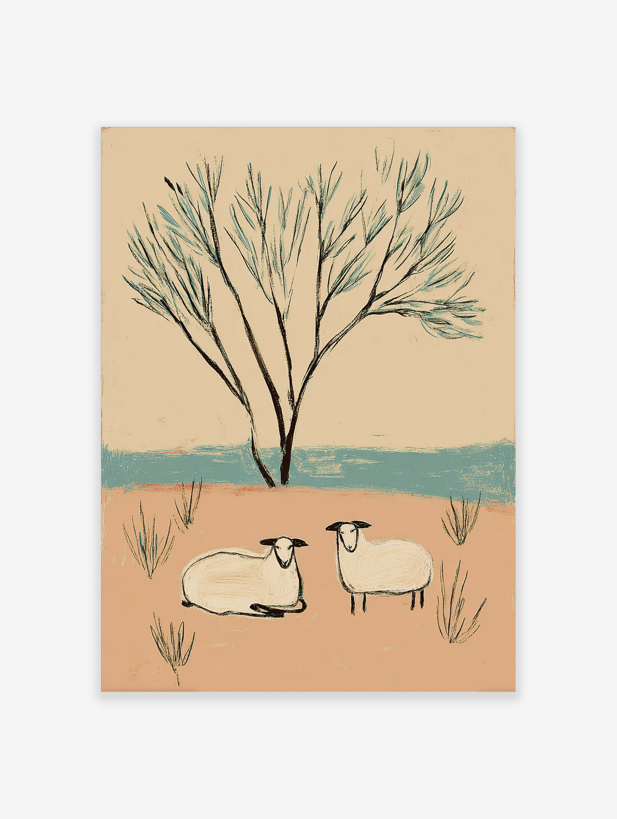 Minimalist animal art print of two white sheep under a slender tree on tan background