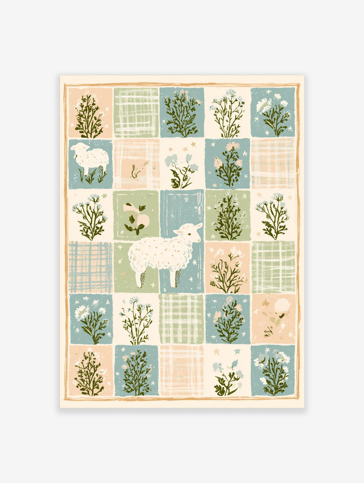 Pastel patchwork poster with white sheep, wildflowers, and gingham squares in green, blue, and peach