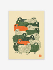 Stylised flock of sheep in green, orange, and cream colours, graphic linocut-inspired art print on off-white background
