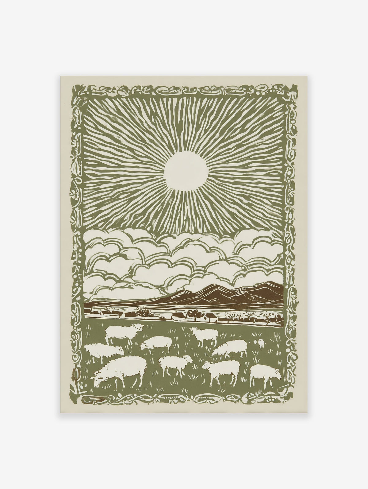 Illustrative green and off-white print of sheep grazing in a field beneath a sun and clouds, with a decorative border