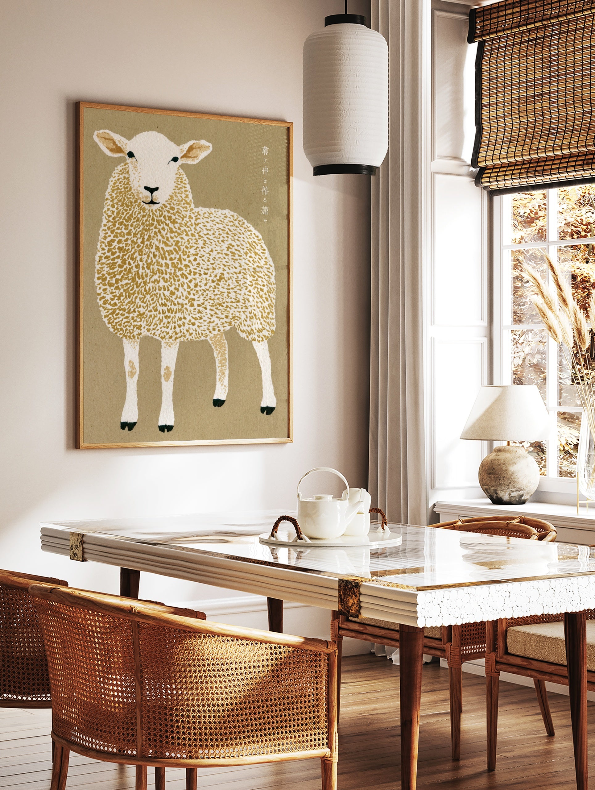 Illustrative sheep wall art with Japanese typography on a tan background, in a styled room mockup