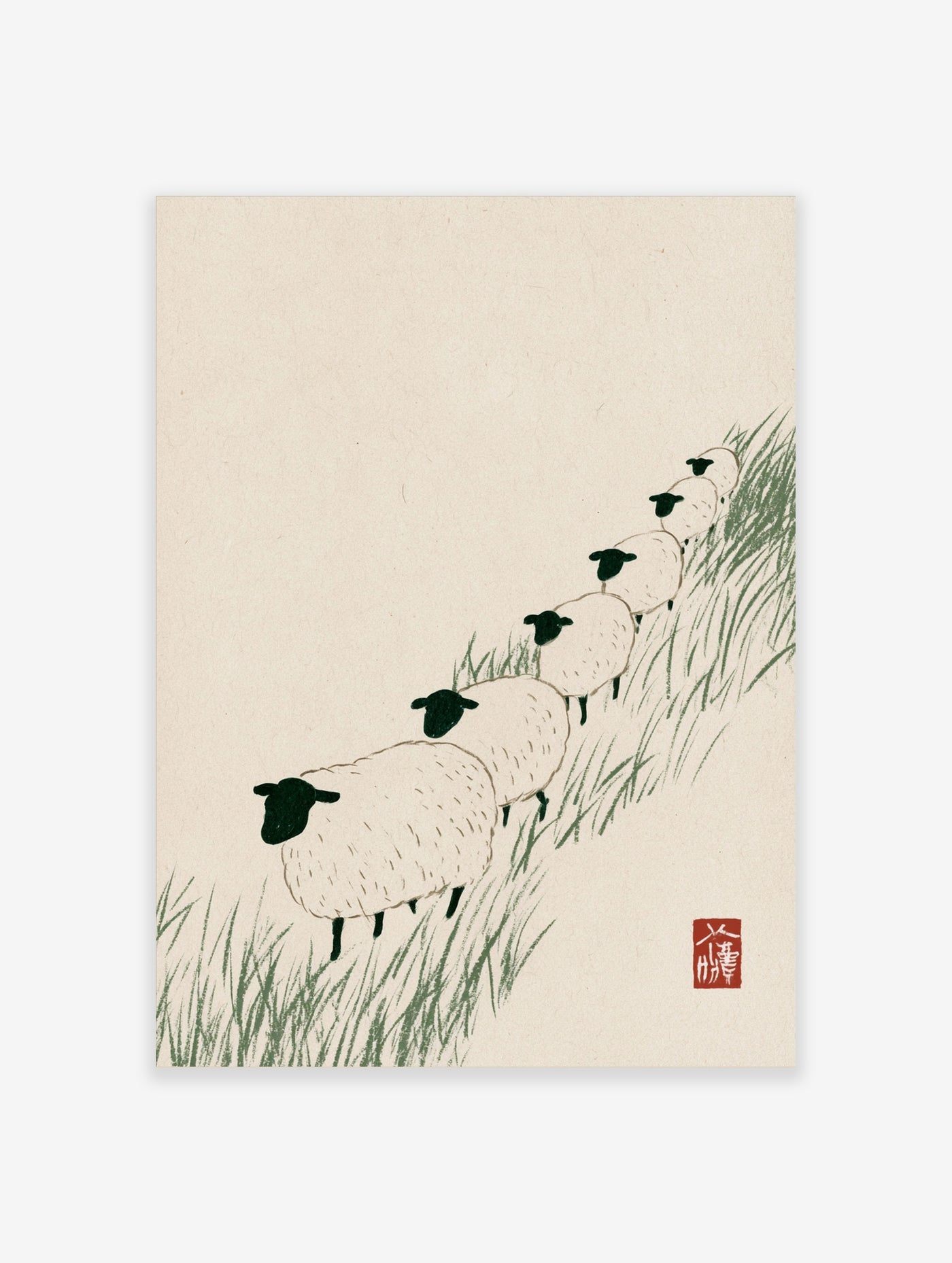 Minimalist ink-wash style illustration of a line of six sheep walking through green grass on a cream background