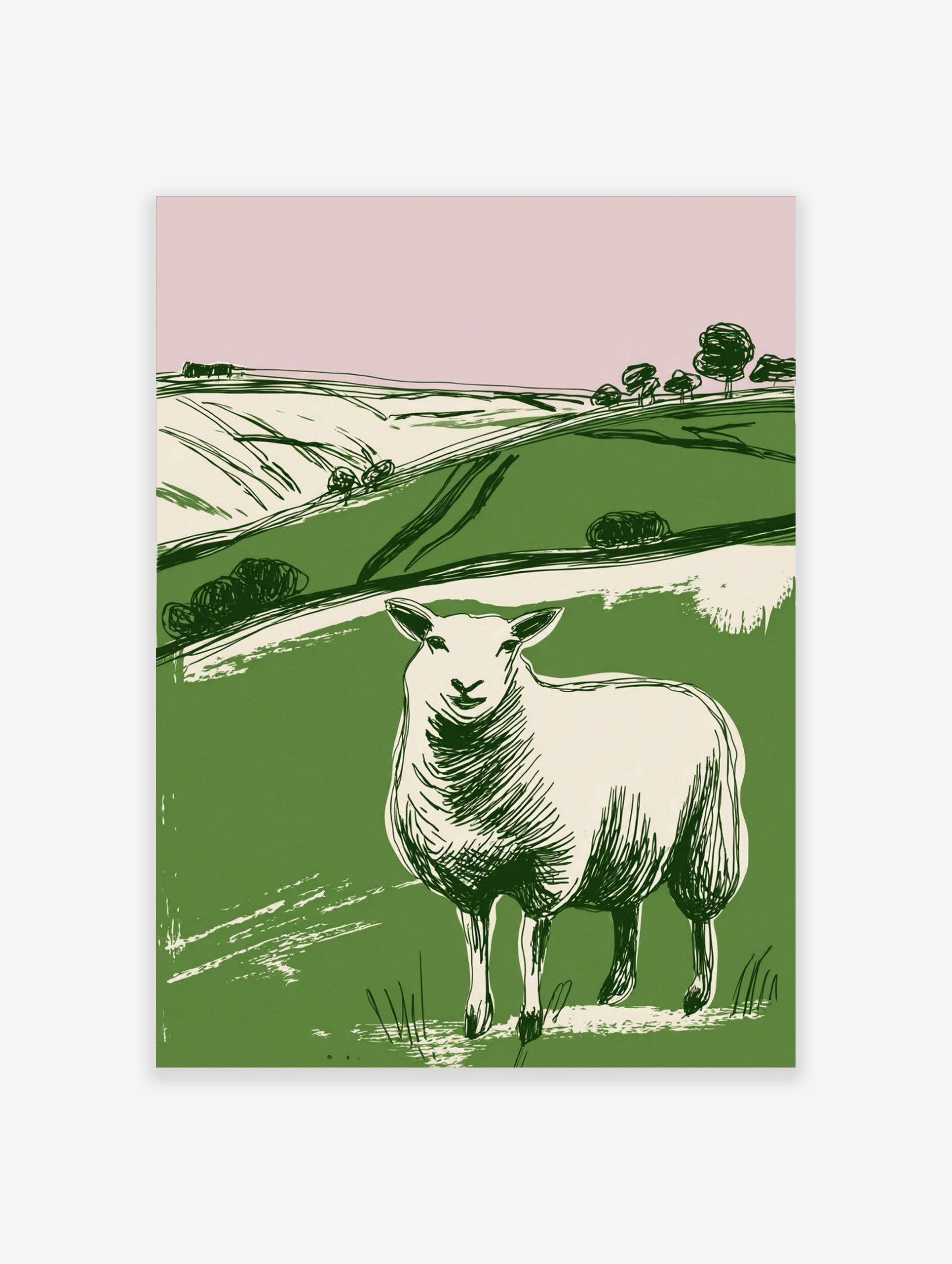 Illustrative print of a white sheep in a green field with rolling hills and pink sky, in a simple style