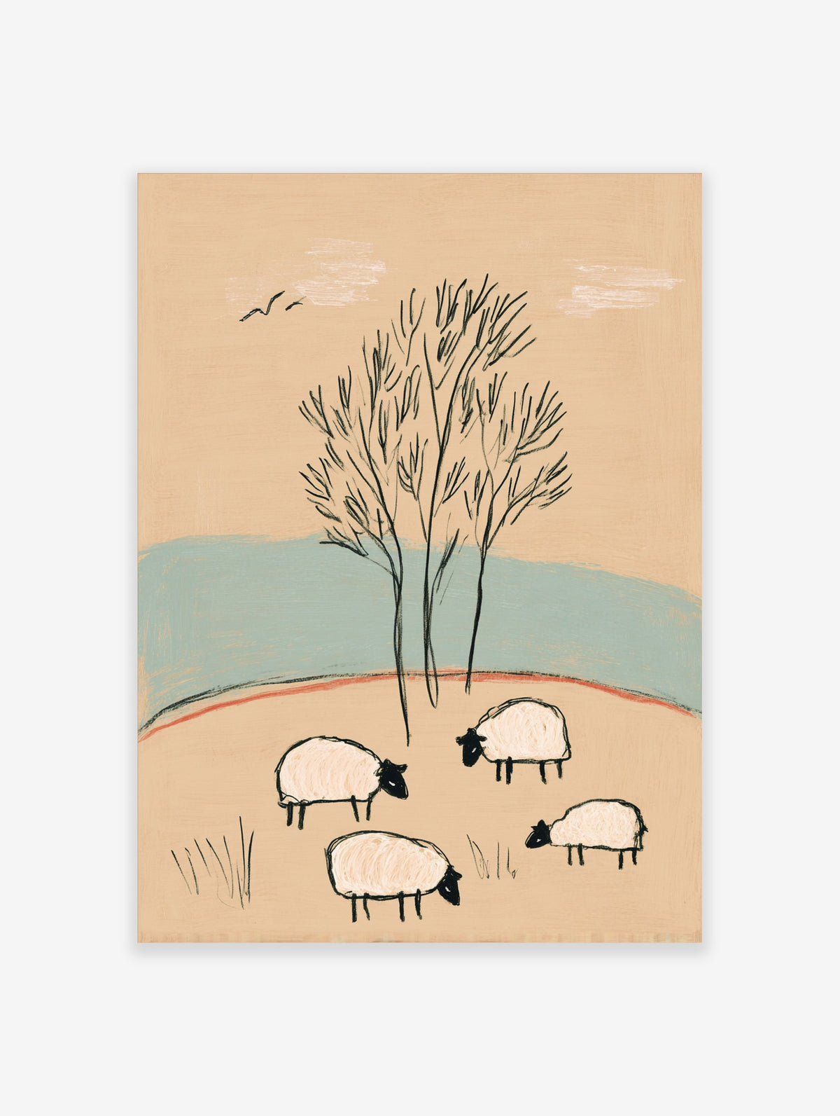 Minimalist sheep art print with four black-faced sheep grazing under a tall tree on tan and blue background