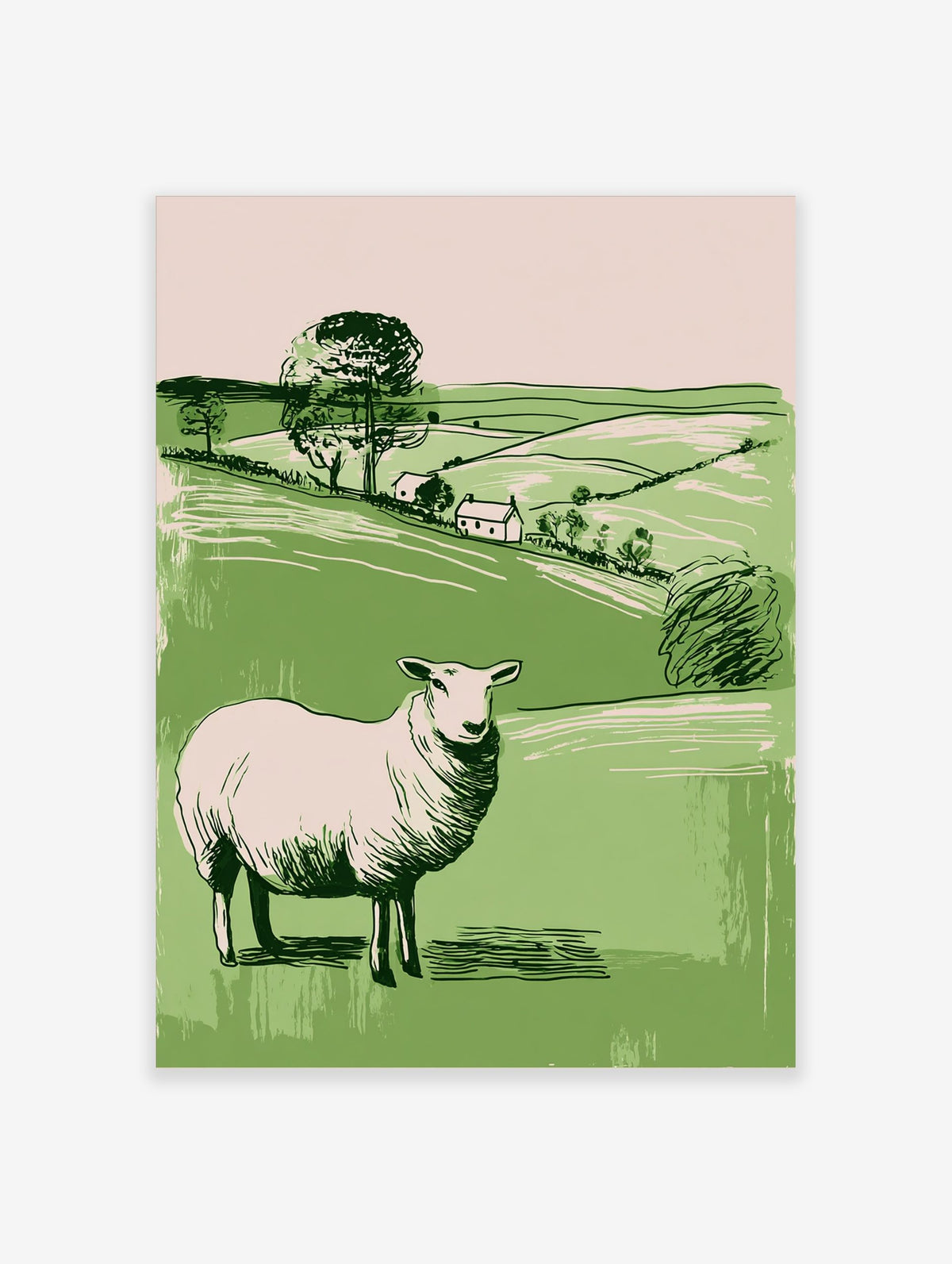 Illustrative white sheep in green pastoral landscape with hills, trees, and two cottages, portrait orientation