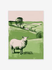 Illustrative white sheep in green pastoral landscape with hills, trees, and two cottages, portrait orientation