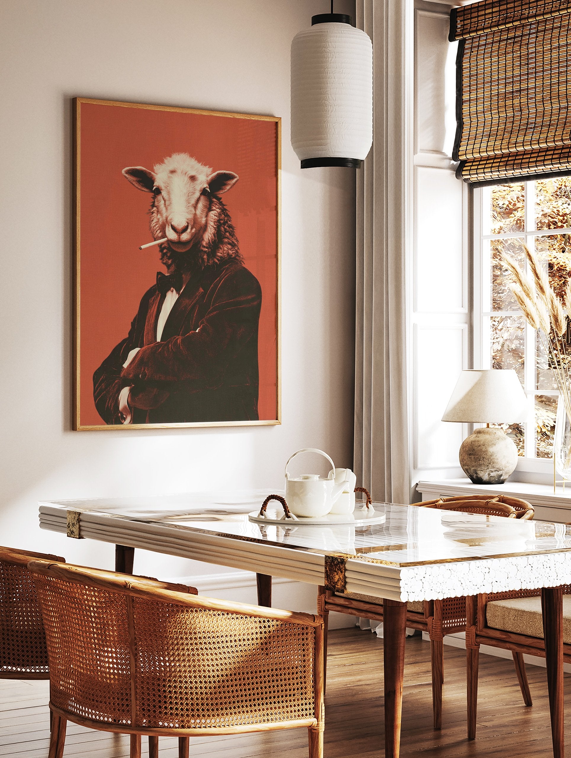 Poster of an anthropomorphic sheep in a tuxedo holding a cigarette, set against a reddish-orange background. - Image 2