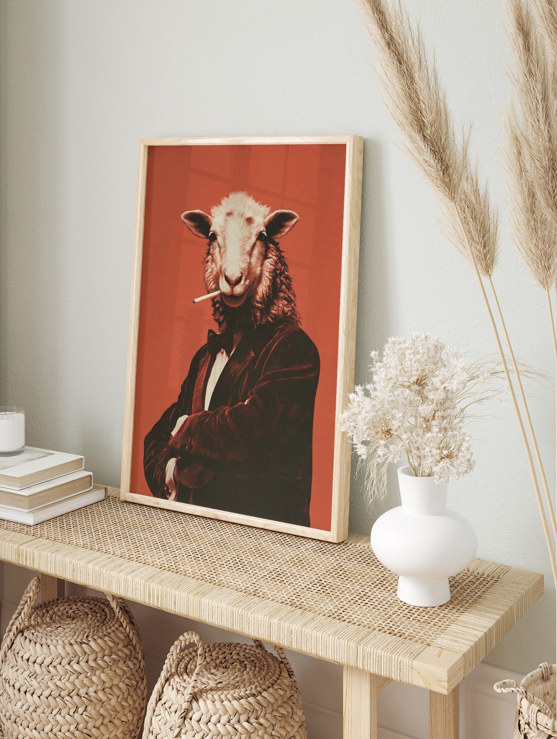 Poster of an anthropomorphic sheep in a tuxedo holding a cigarette, set against a reddish-orange background. - Image 4