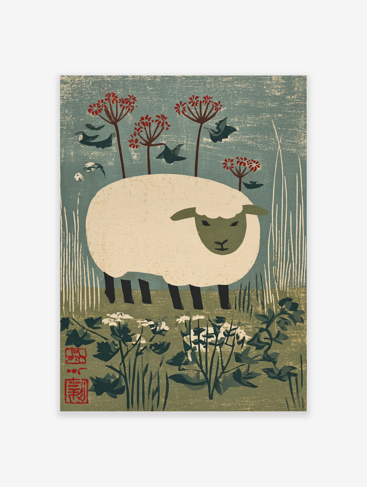 Illustration of a cream sheep in a green meadow with red flowers and dark birds