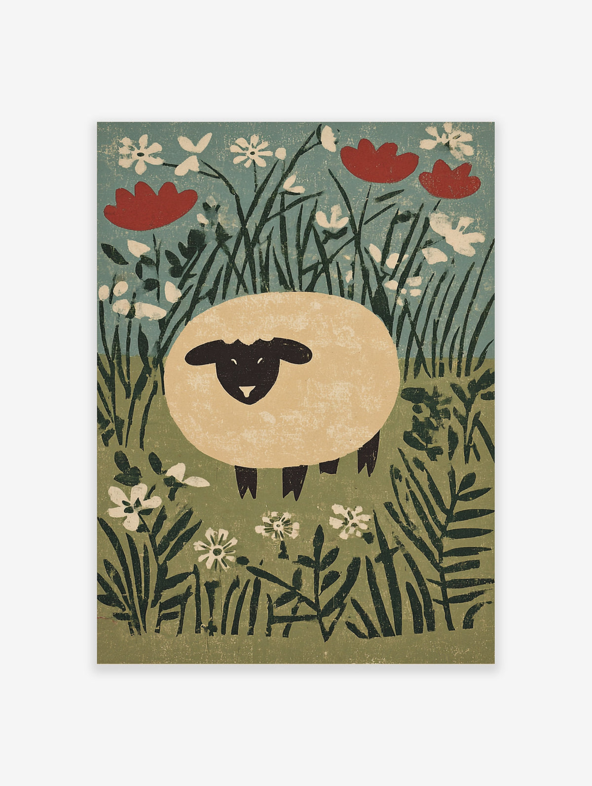Folk art sheep poster with red poppies and white wildflowers in a green meadow