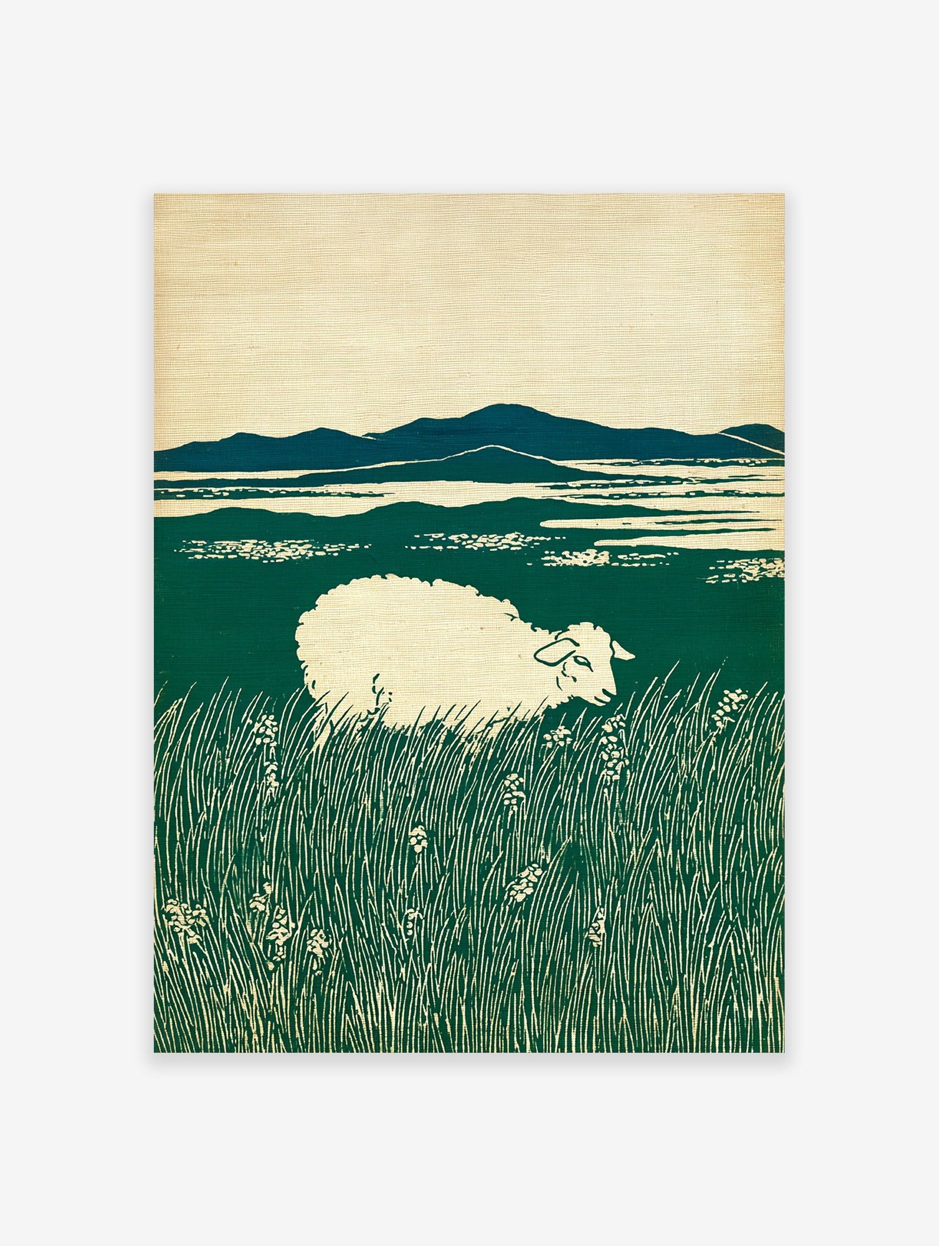 Art print of a white sheep grazing in a lush green field with distant blue mountains under a cream sky, in a woodcut style.