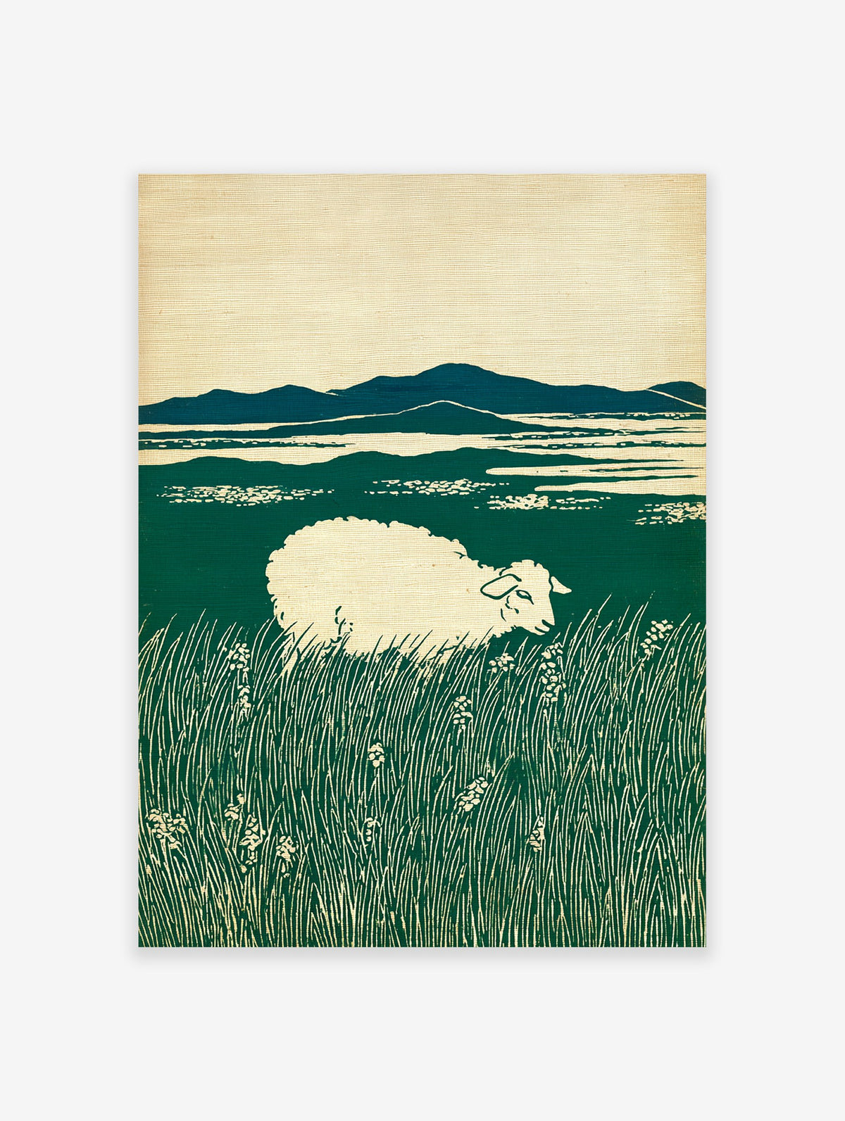 Art print of a white sheep grazing in a lush green field with distant blue mountains under a cream sky, in a woodcut style.