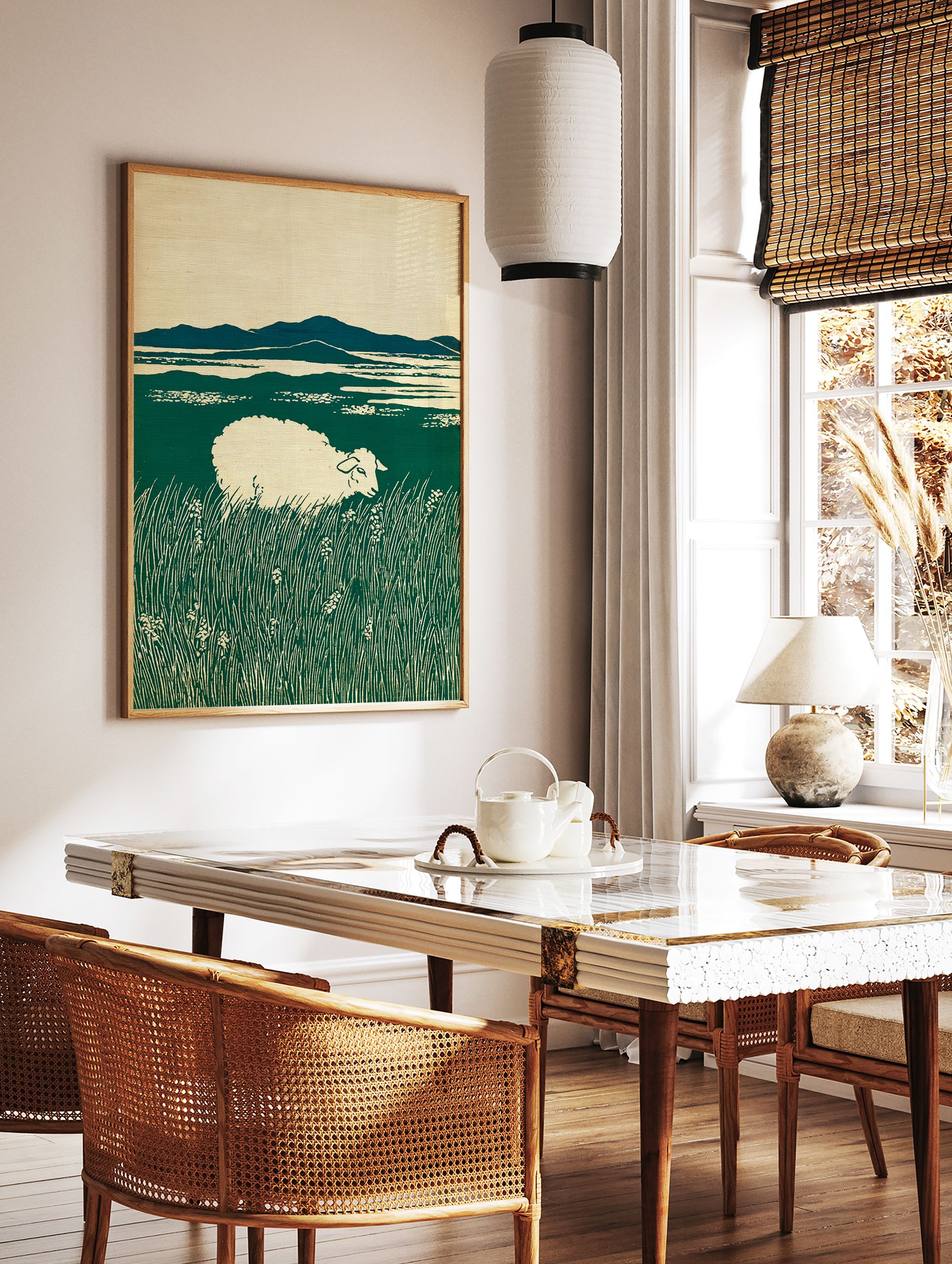 Art print of a white sheep grazing in a lush green field with distant blue mountains under a cream sky, in a woodcut style. - Image 2