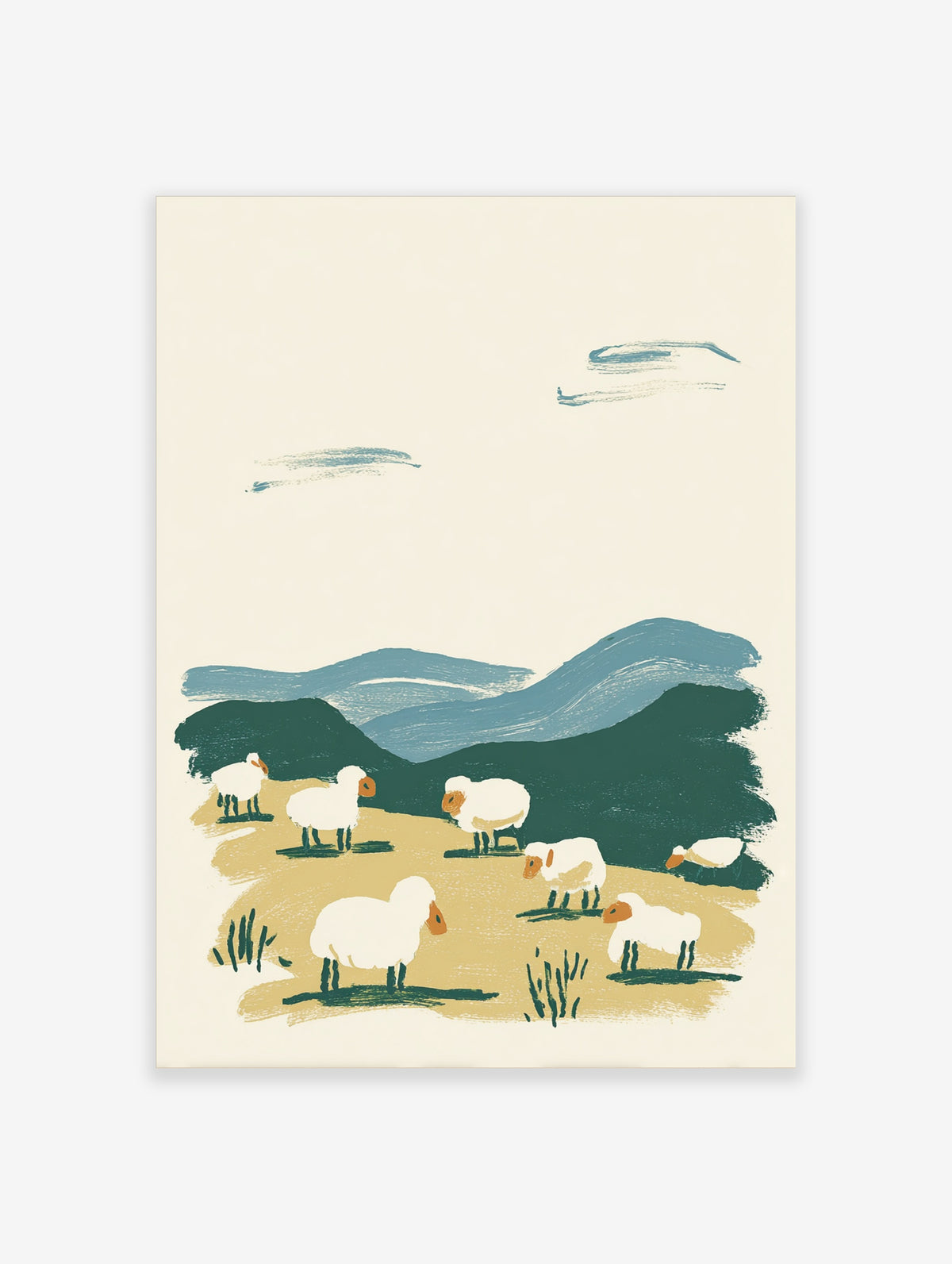 Illustration of six white sheep in a golden field with dark green hills and blue mountains under a cream sky