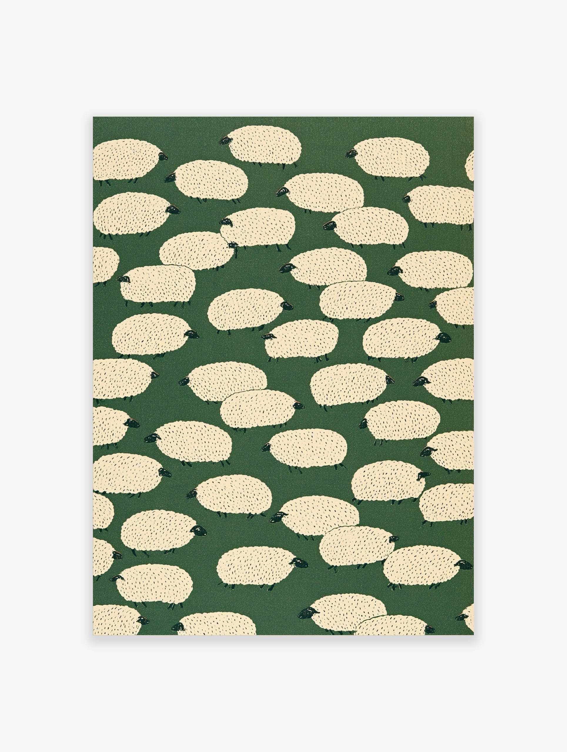 Illustrative sheep pattern art print with cream-coloured sheep on a solid dark green background