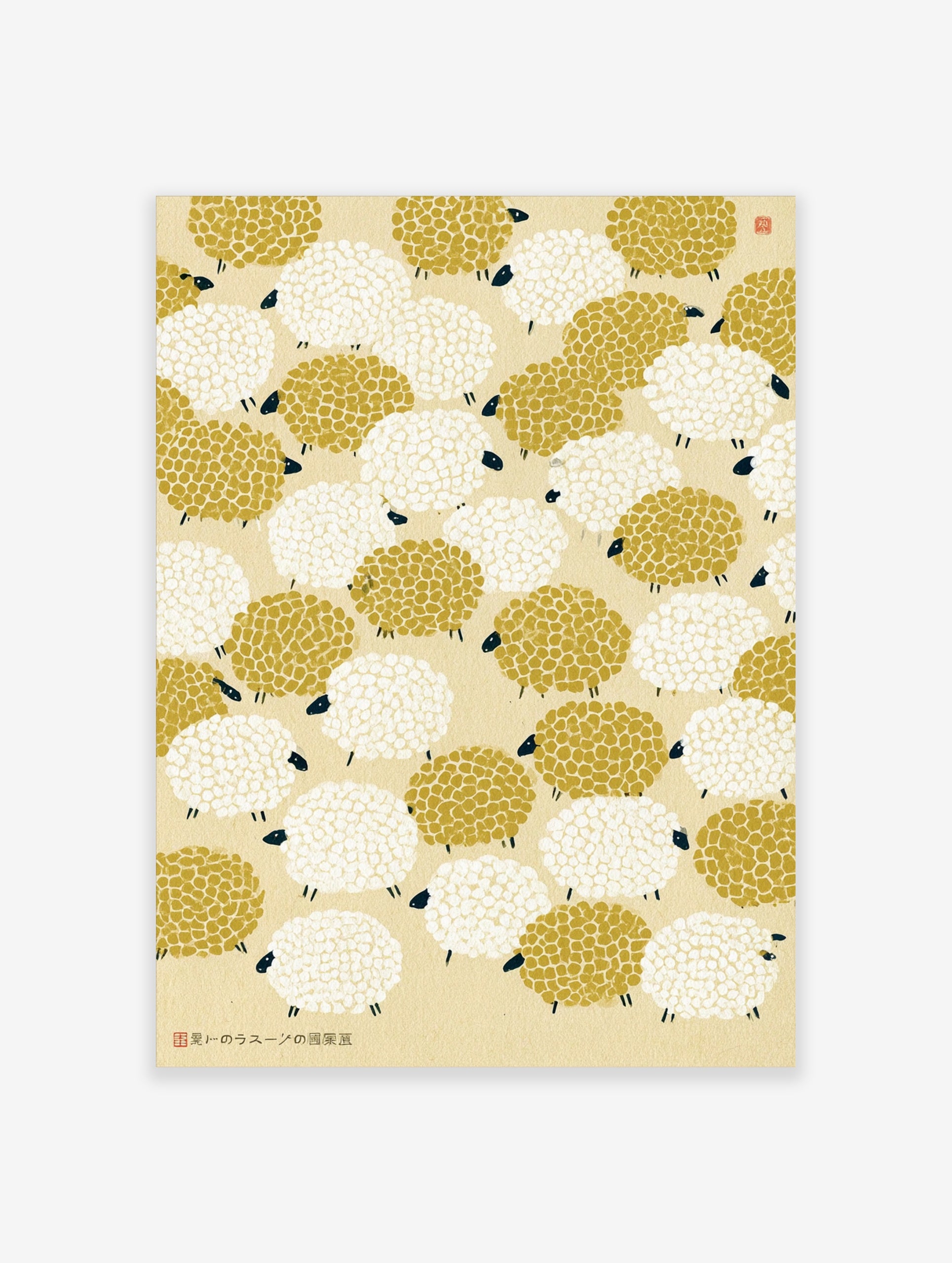 Repeating pattern of mustard yellow and white sheep with black faces on a cream background, illustrative animal art print