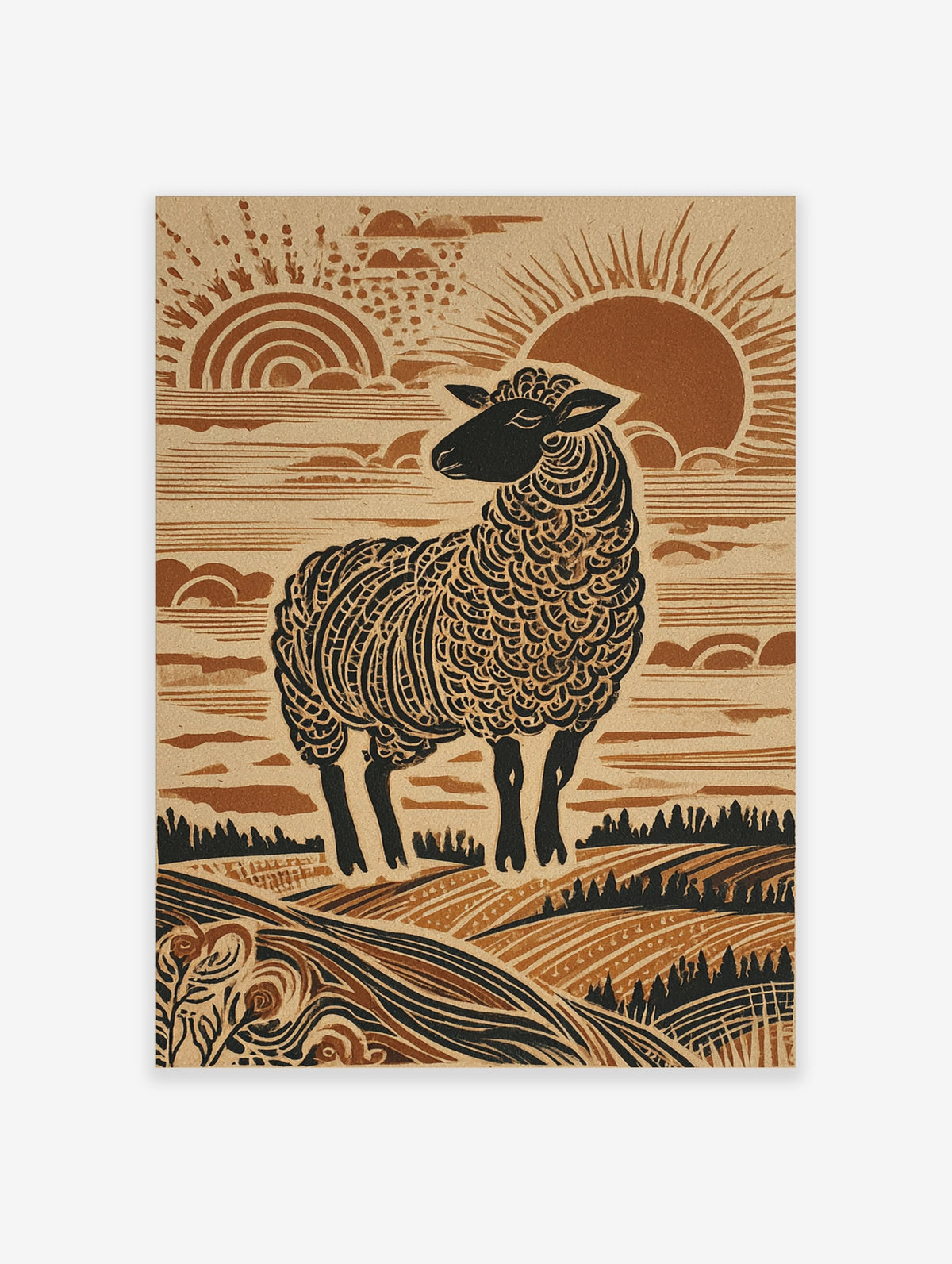 Linocut-style sheep poster with black face and textured fleece, rust sun and fields in tan and black