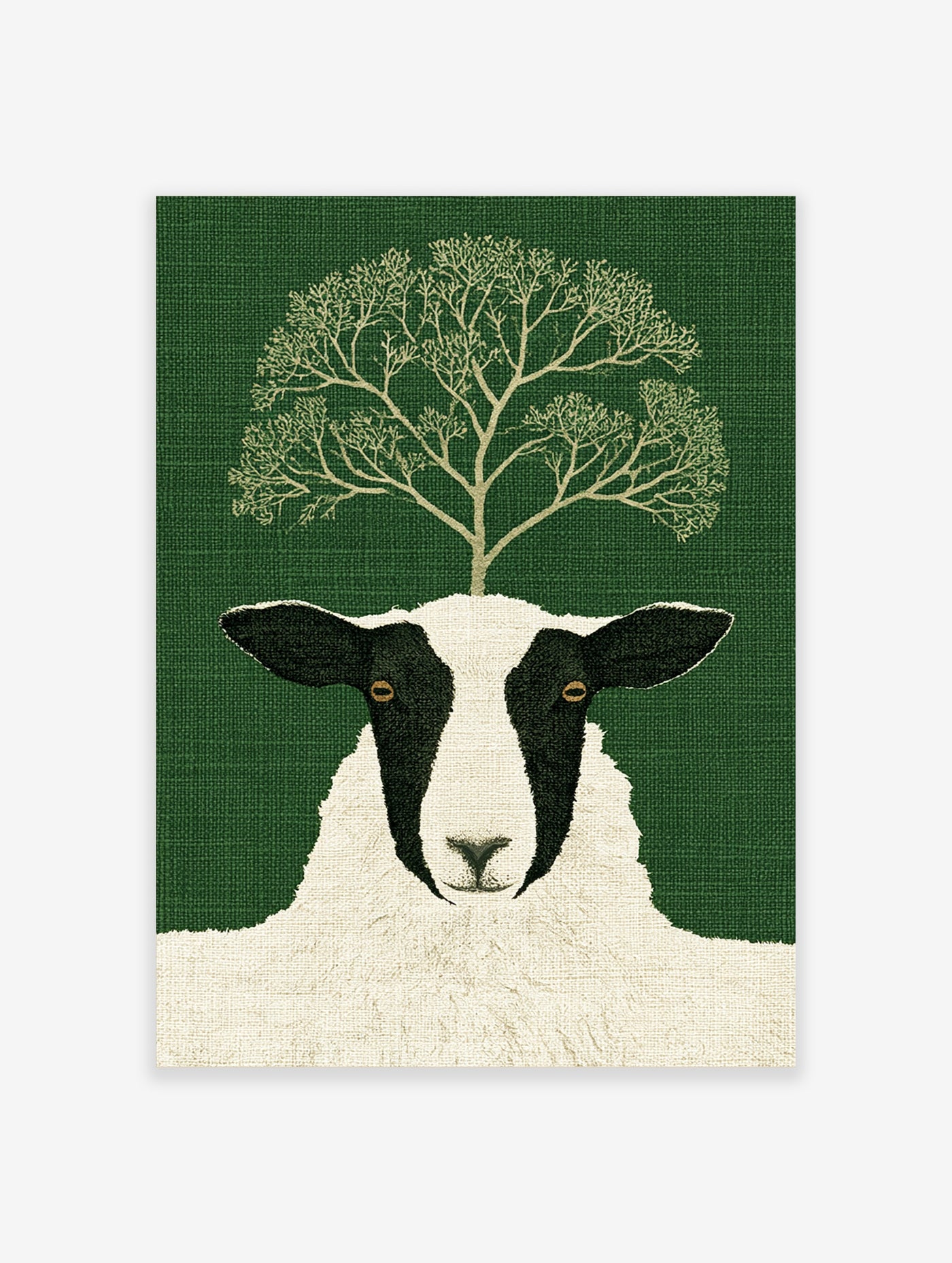 Surreal illustration of a sheep with a bare tree growing from its head against a textured forest green background