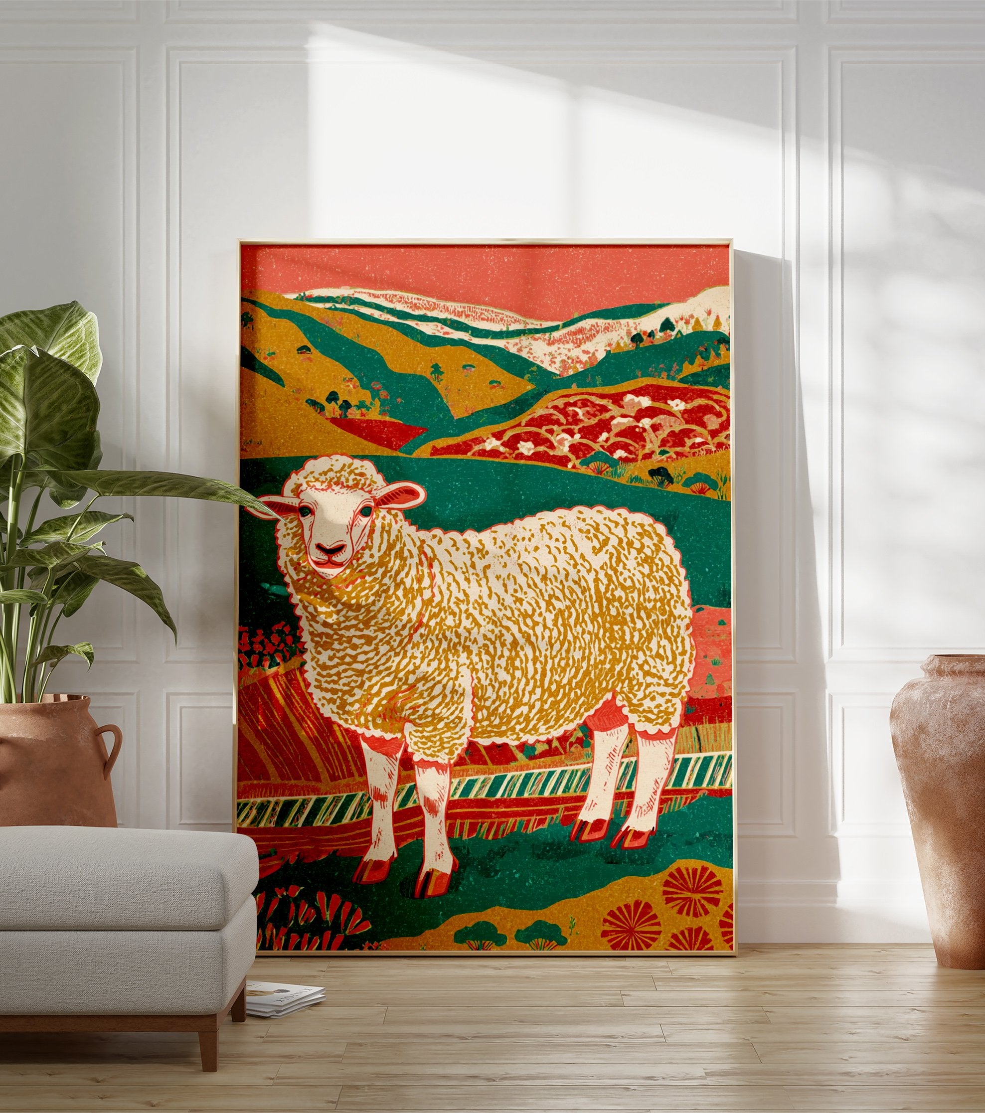 Colorful illustration of a fluffy sheep standing in a vibrant green, yellow, and red landscape with hills and trees. - Image 3